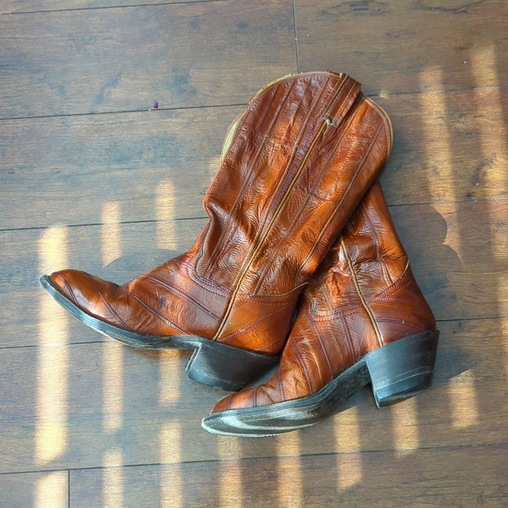 Vintage Hondo Brown Boots Exotic Eel Skin Woman's 7 - Picture 1 of 8